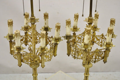 Antique Gothic Revival Gold Bronze Figural Candelabra Table Lamps - a Pair