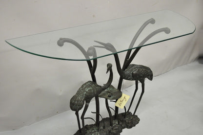 Labarge Bronze Crane Bird Lily Pad Glass Top Console Sofa Hall Table