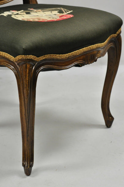 French Provincial Louis XV Walnut Side Chairs w/ Ship Boat Crewel Work - a Pair