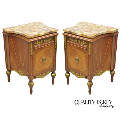 French Louis XVI Style Marble Top Satinwood Inlay Mahogany Nightstands - a Pair