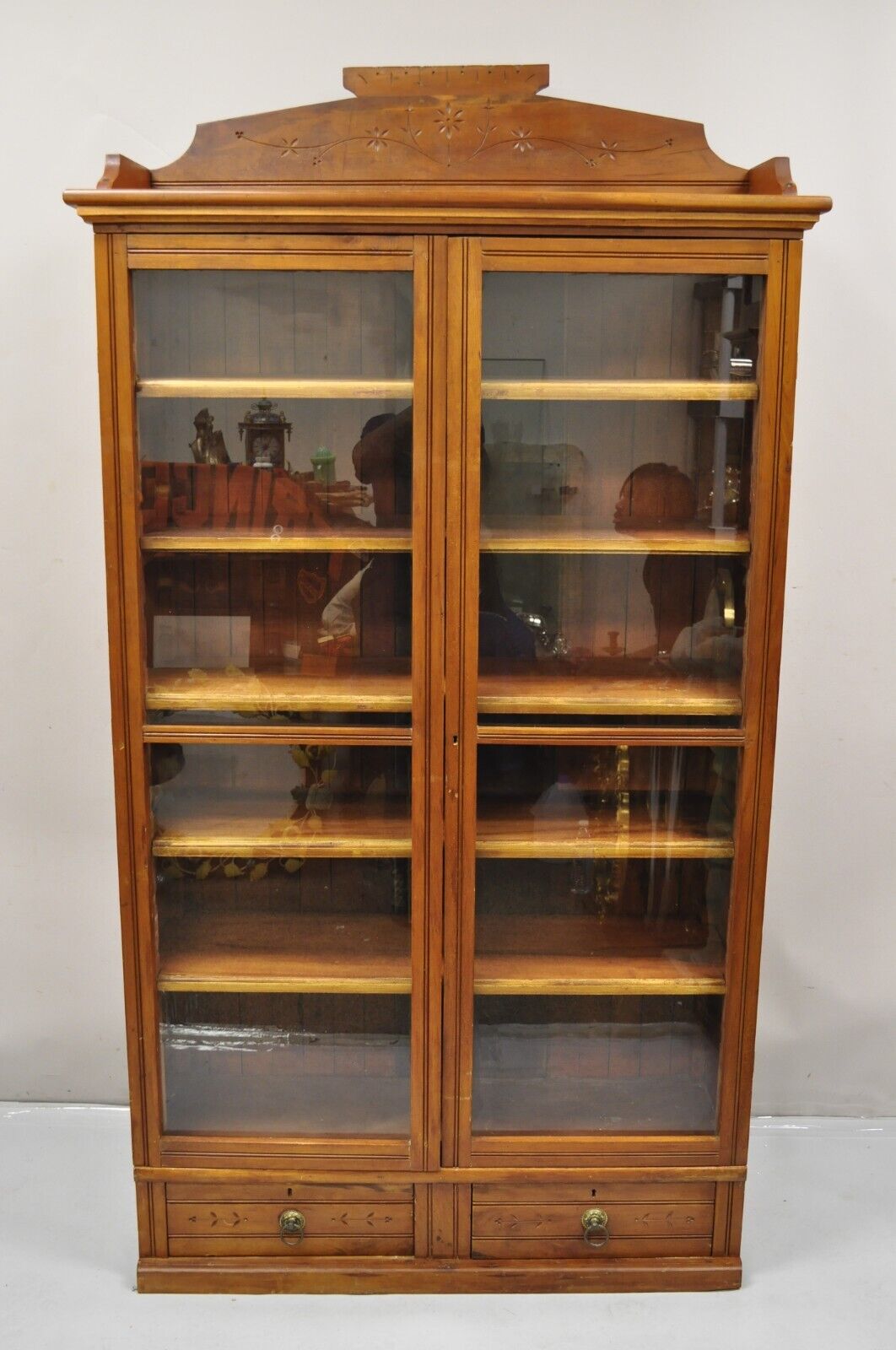 Antique Eastlake Victorian Chestnut 2 Door Bookcase China Cabinet with Drawers