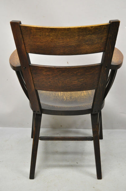 Antique Arts & Crafts Mission Oak Bowed Spindle Plank Seat Arm Chair