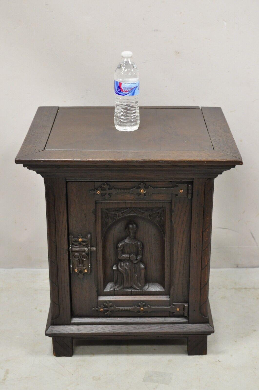 Antique Gothic Renaissance Revival Oak Wood Figural Carved Low Cabinet