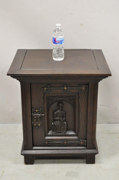 Antique Gothic Renaissance Revival Oak Wood Figural Carved Low Cabinet