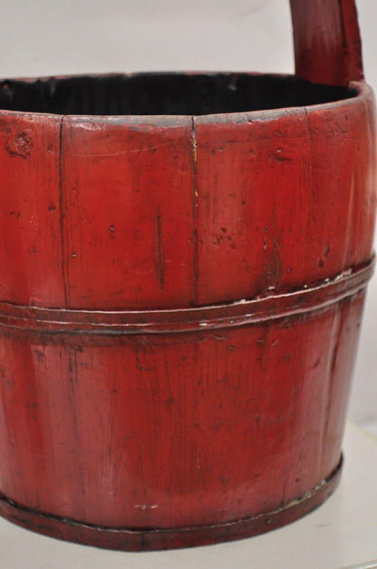 Vintage Rustic Primitive Chinese Wooden Red Painted Water Bucket with Handle