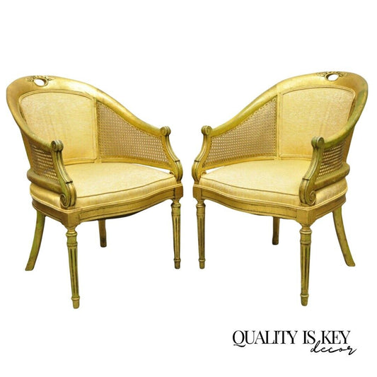 French Hollywood Regency Gold Gilt Barrel Back Cane Lounge Chairs - a Pair