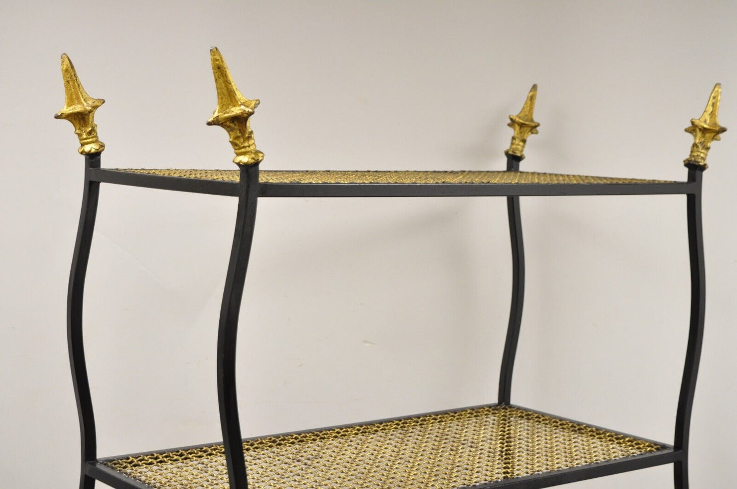 Vintage Italian Hollywood Regency Wrought  Iron Black and Gold Bookshelf Etagere