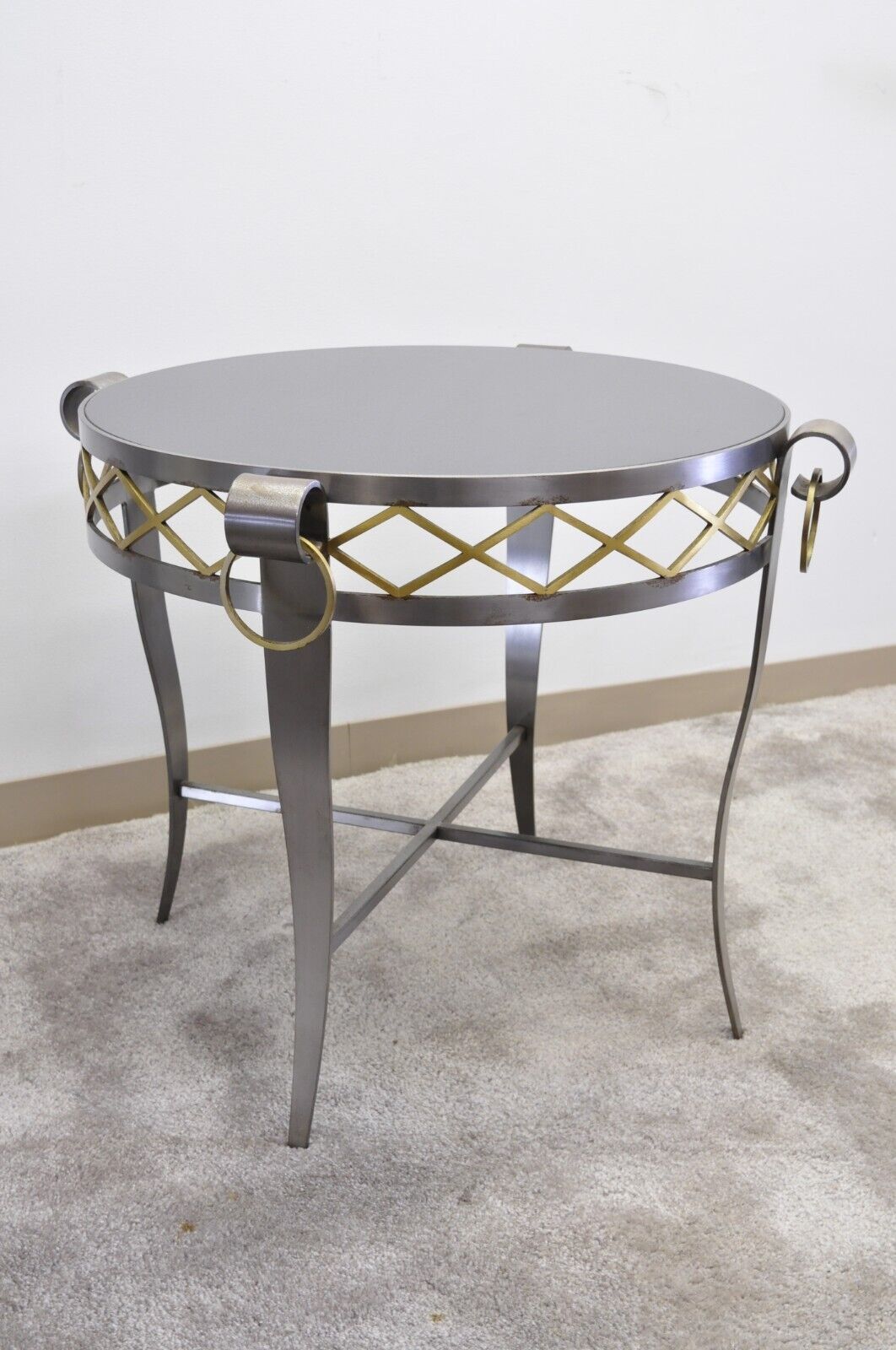 Neoclassical Maison Jansen Style Steel Black Marble Round Bouillotte Side Table