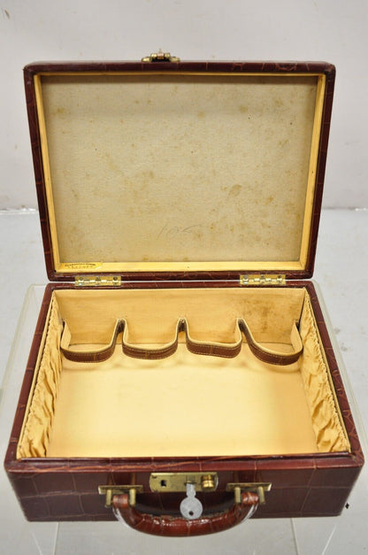 Vintage Brown Leather Art Deco Faux Crocodile Small Toiletry Travel Vanity Case