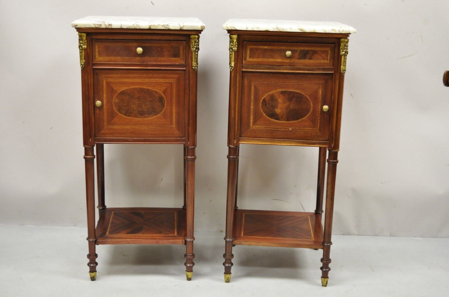 Antique French Louis XVI Marquetry Inlay Marble Top Nightstand Washstand - Pair