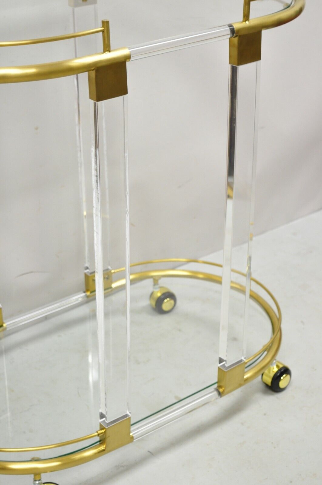Modern Acrylic Lucite Gold Oval 2 Tier Glass Bar Cart Trolley Table
