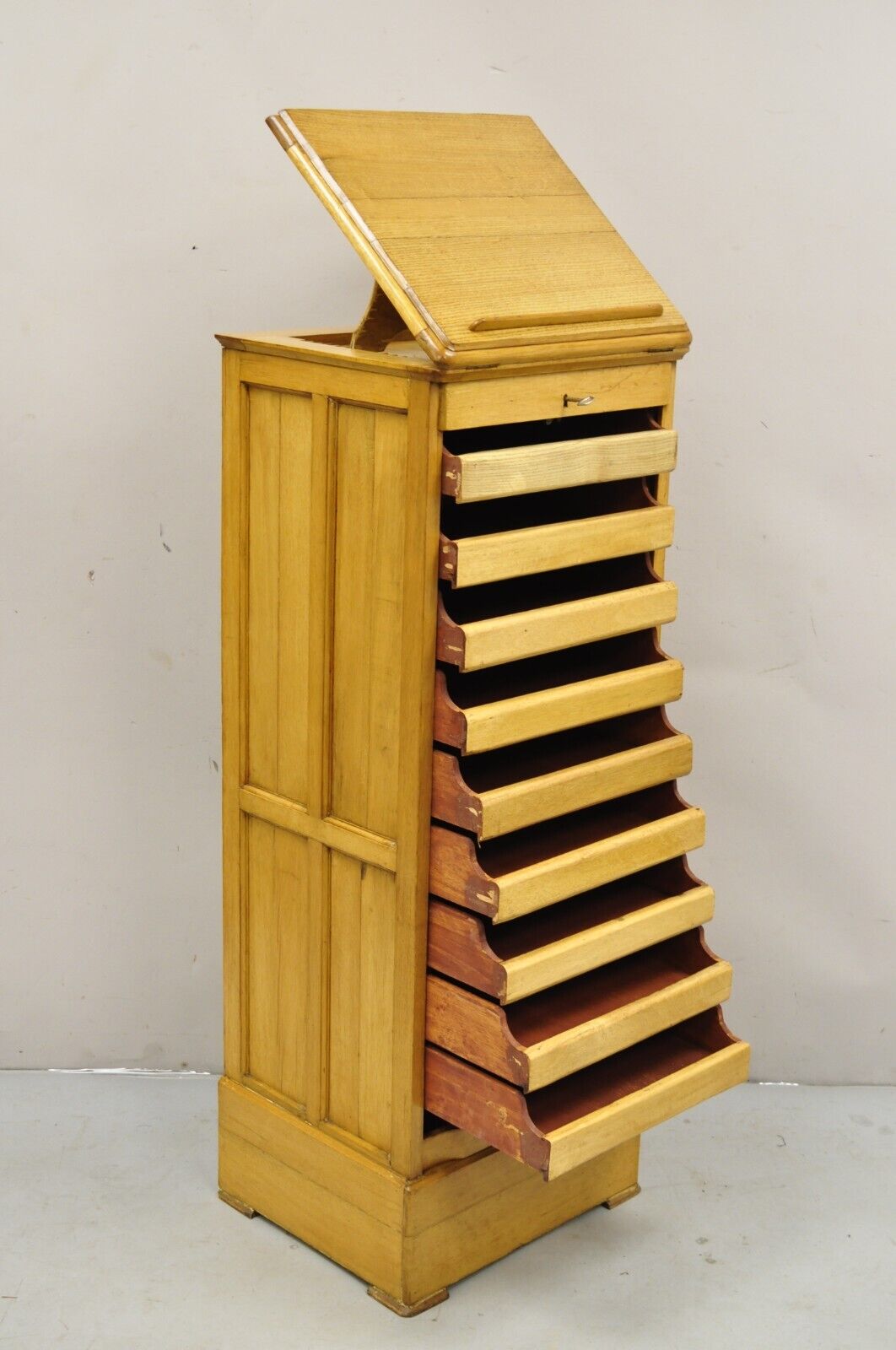 Antique Arts & Crafts Oak & Maple Wood Tambour Shutter Door Filing Cabinet