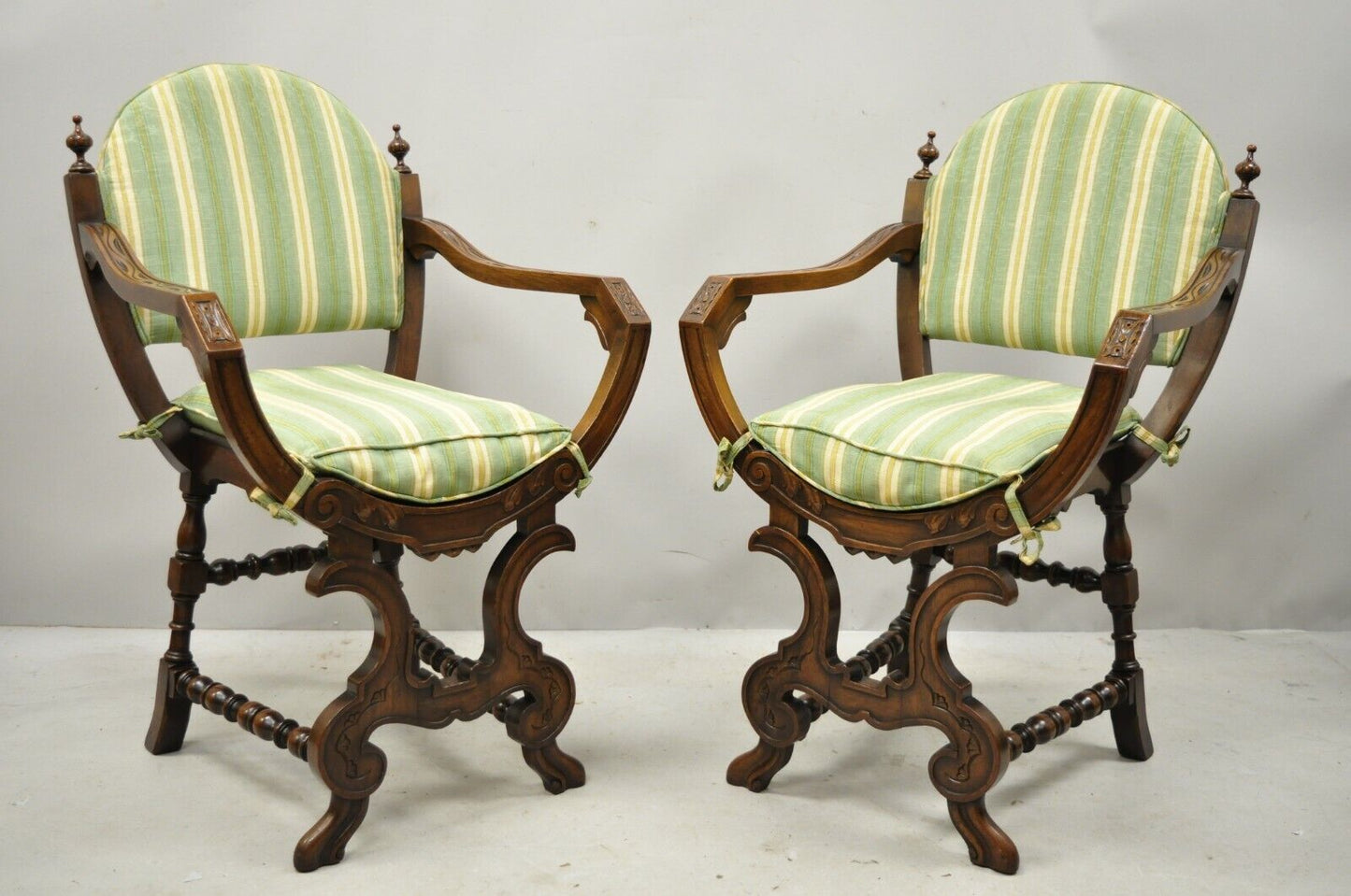 Antique Italian Renaissance Carved Walnut Savonarola Throne Arm Chairs - a Pair