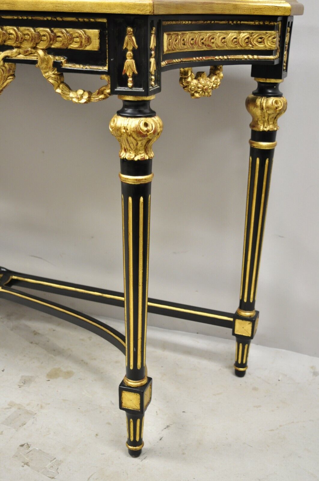 Labarge French Louis XVI Italian Black Lacquer Gold Gilt Jansen Console Table