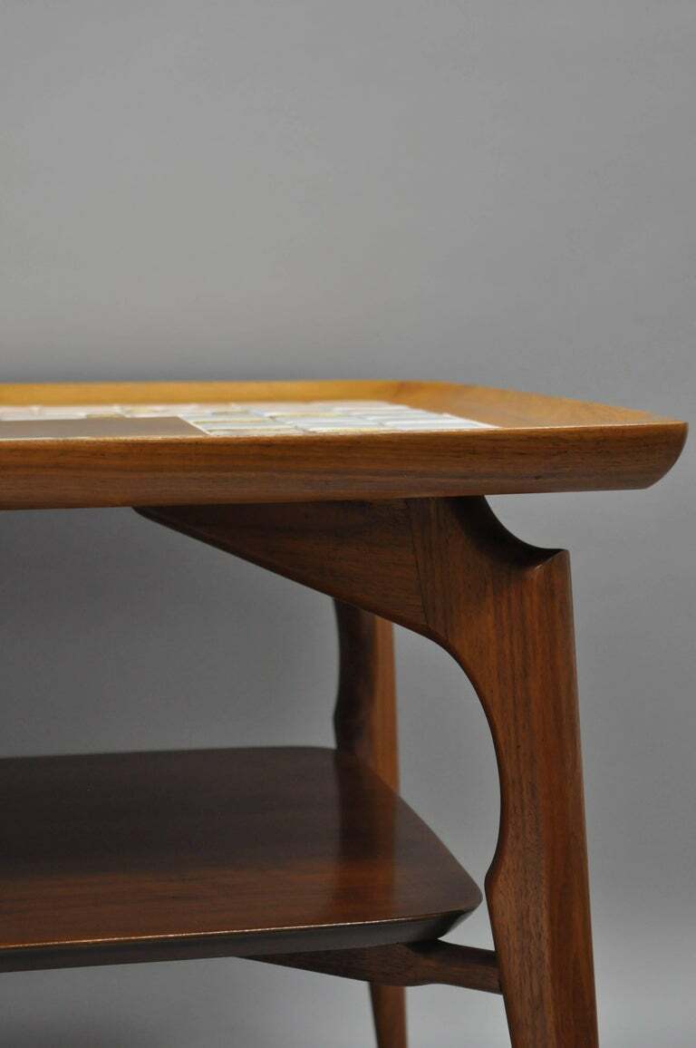 Pair of Mid Century Danish Modern Walnut & Tile Dish Top Sculptural End Tables