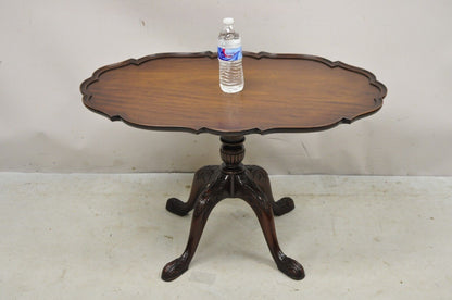 Mahogany Chippendale Style Tilt Top Pedestal Base Scalloped Oval Coffee Table