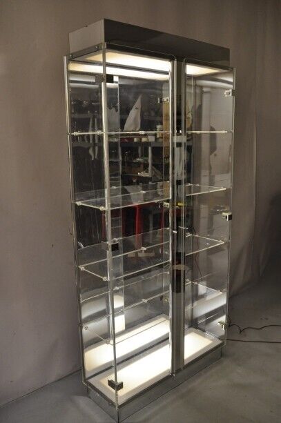 Vintage Mid Century Modern Lucite Acrylic Tall Lighted Display Cabinet Vitrine