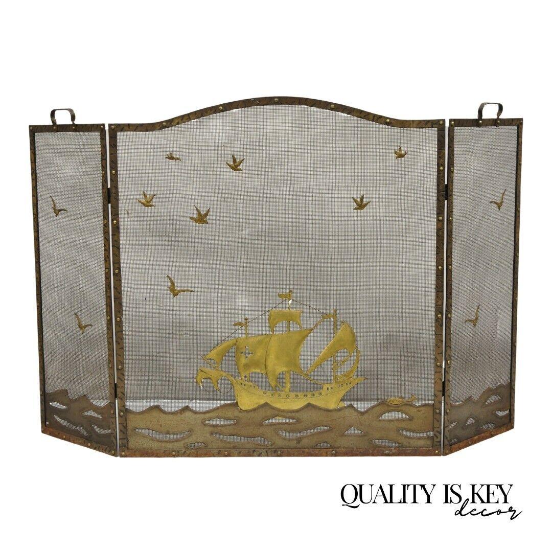 Vintage Nautical Clipper Ship Boat Metal Folding Fireplace Screen Firescreen