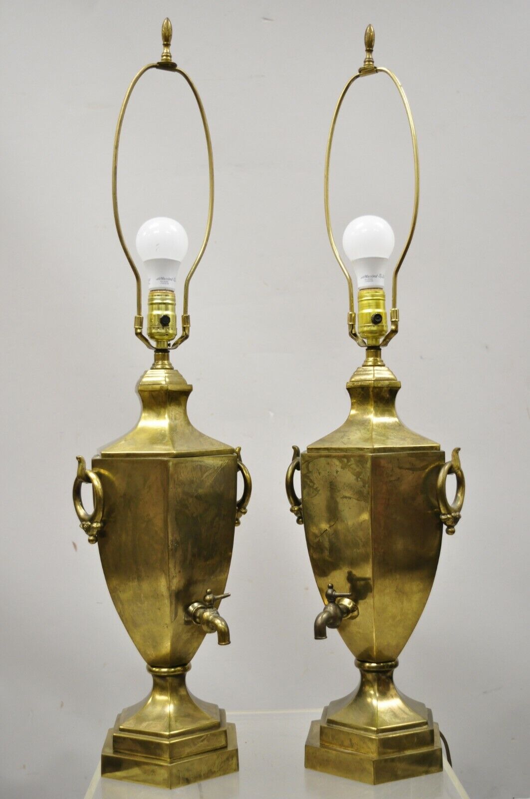 Paul Hanson Burnished Brass Samovar Urn Form Table Lamps with Shades - a Pair