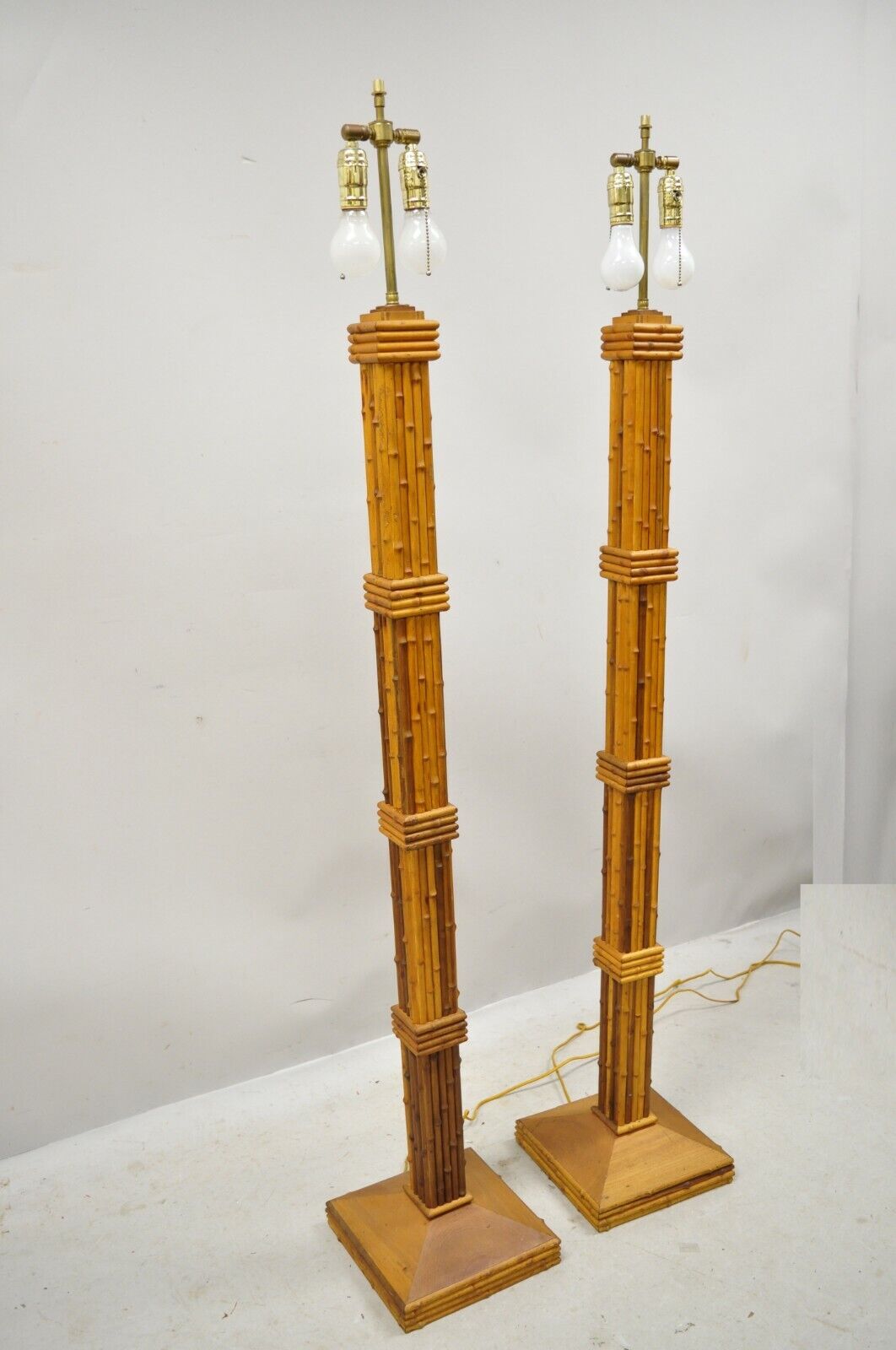 Vintage Tiki Rattan Hollywood Regency Wood Faux Bamboo Floor Lamps - a Pair