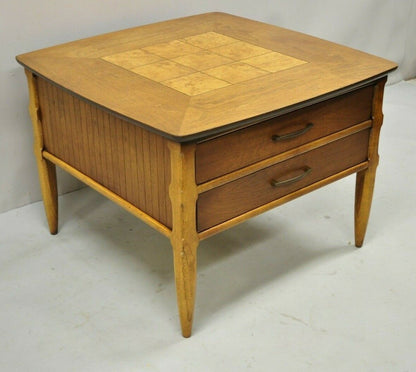 Lane Mid Century Modern Walnut 2 Drawer Lamp End Table with Burlwood Inlay Top