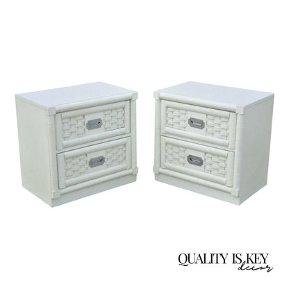 Dixie Cane Rattan Campaign Style White Hollywood Regency Nightstands - a Pair