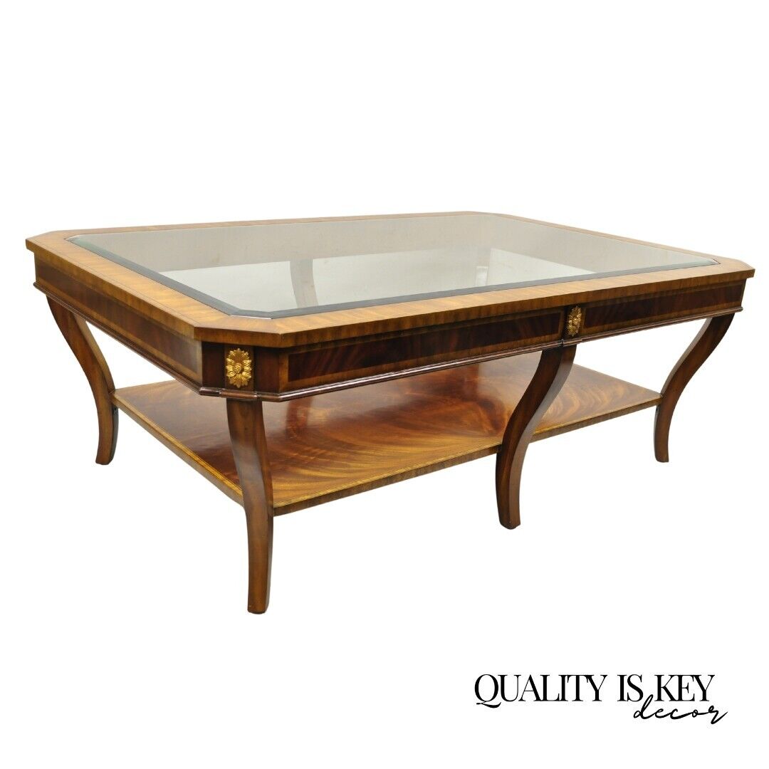 Maitland Smith Empire Style Large Banded Inlay Mahogany Glass Top Coffee Table