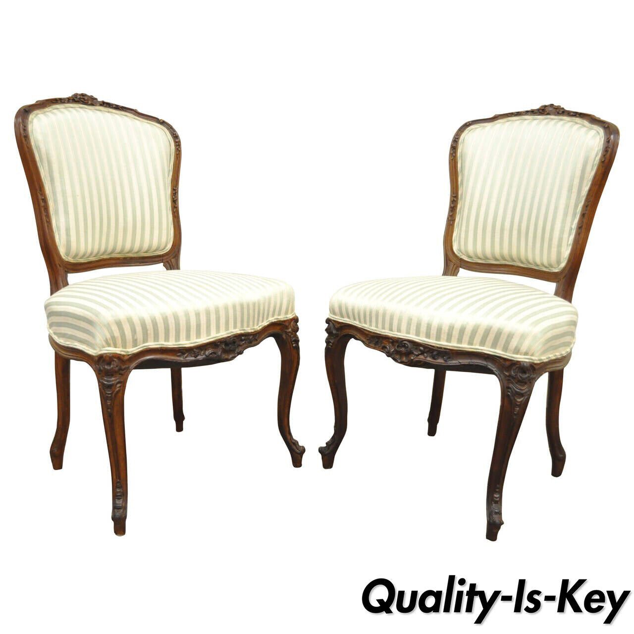 Pair of Antique Carved Walnut French Victorian Louis XV Style Side Accent Chairs