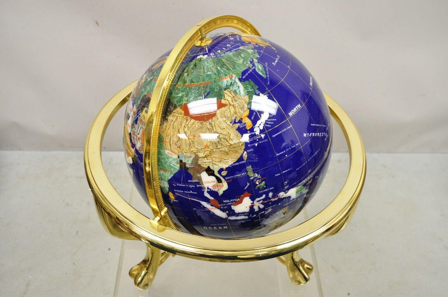 Unique Art Table Top Blue Lapis Semi Precious Gemstone World Globe