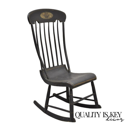 Antique Colonial Stencil Back Black Painted Plank Bottom Rocker Rocking Chair