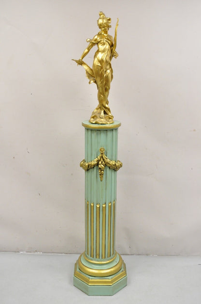 Italian Neoclassical French Empire Green & Gold Painted Wooden Column Pedestal