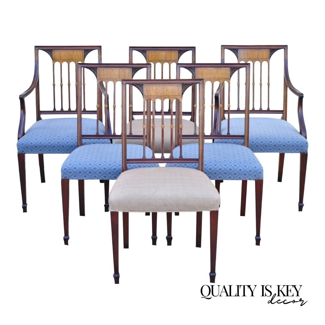 Vintage English Hepplewhite Style Mahogany Satinwood Inlay Dining Chairs - Set 6