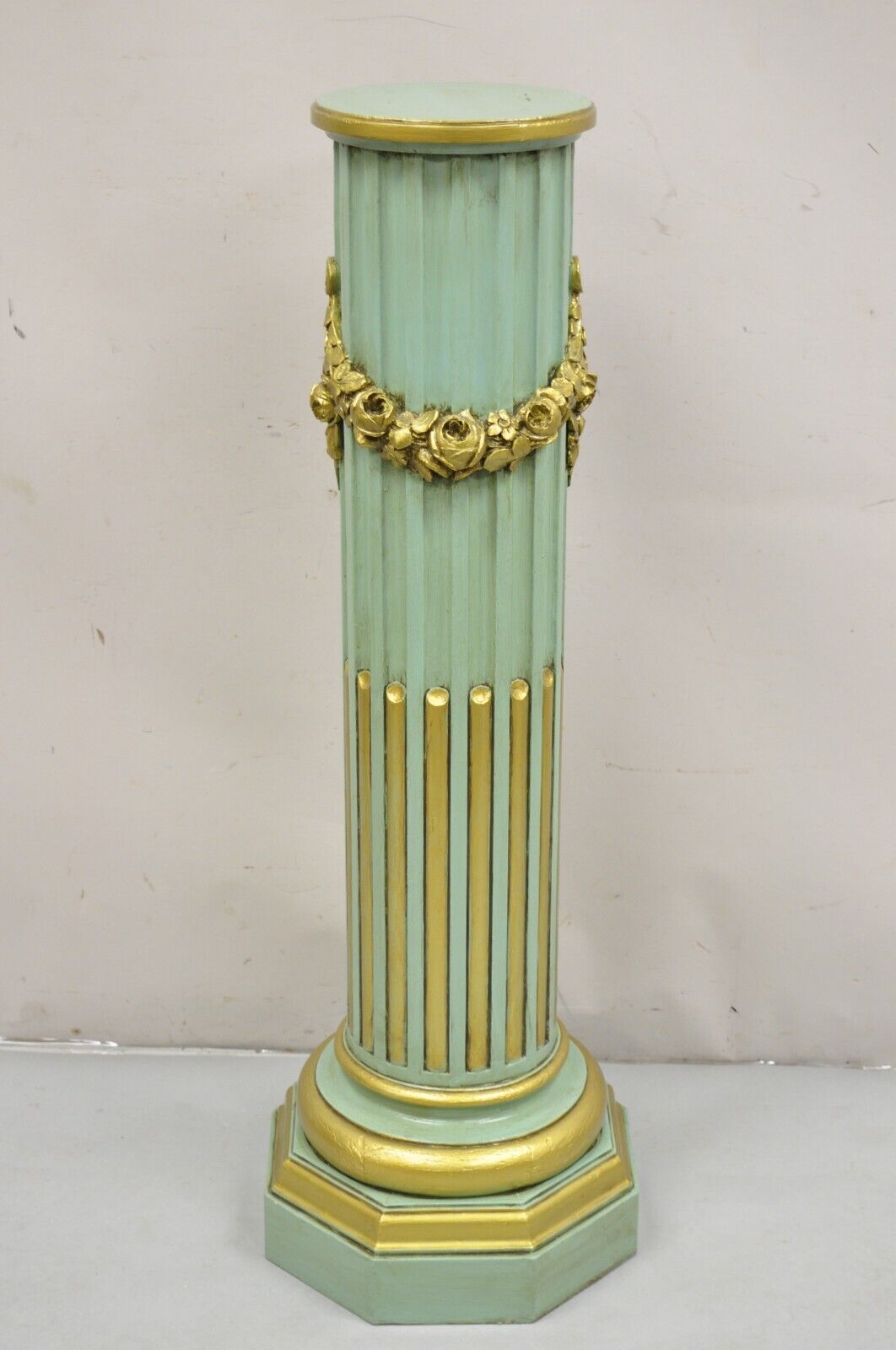 Italian Neoclassical French Empire Green & Gold Painted Wooden Column Pedestal