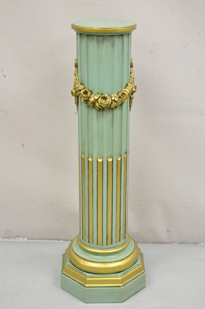 Italian Neoclassical French Empire Green & Gold Painted Wooden Column Pedestal