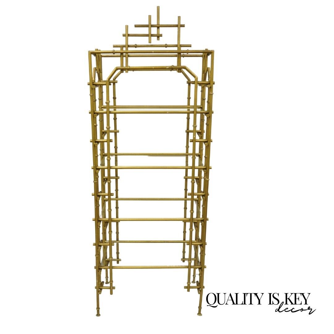 Hollywood Regency Faux Bamboo Chinese Chippendale Pagoda Gold Etagere Bookcase