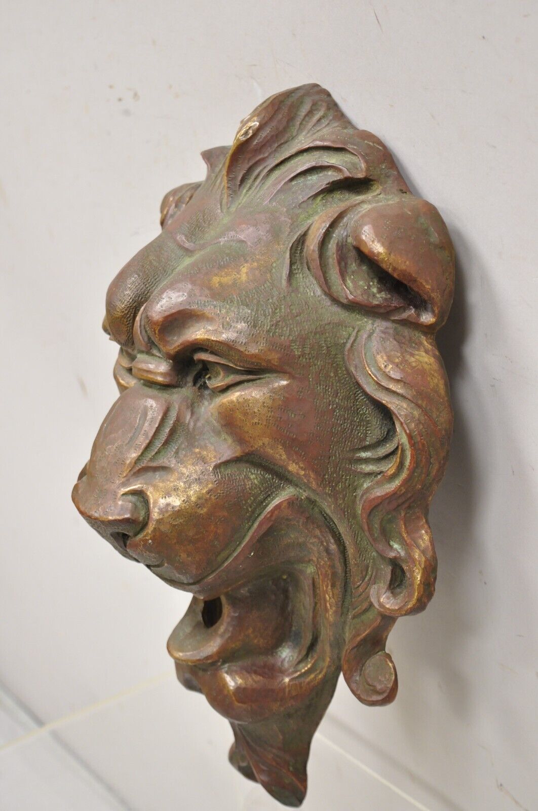 Antique Cast Bronze English Regency Lion Head Garden Wall Mounted Fountain Plate