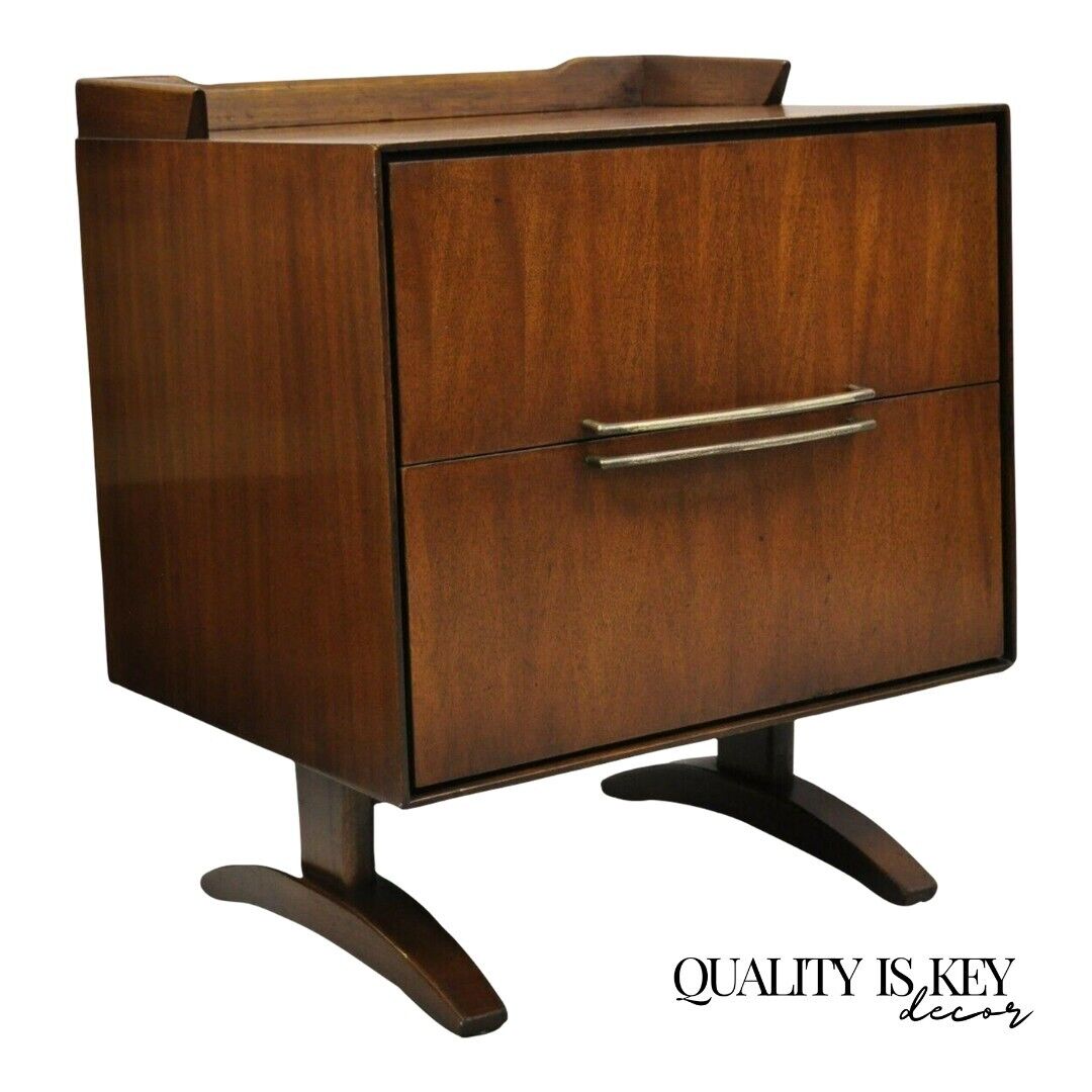 Mid Century Modern Walnut Double Pedestal Nightstand Bedside Table