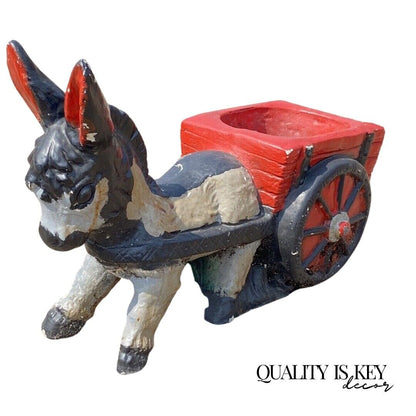 Vintage Small Figural Donkey Pulling Wagon Cart Cement Garden Planter Pot