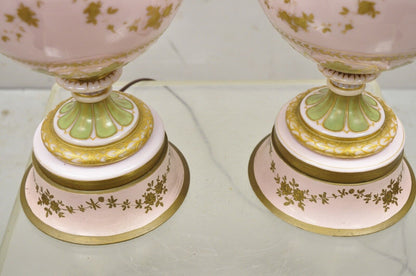 Antique French Pink Porcelain Hand Painted Bulbous Table Lamps - a Pair