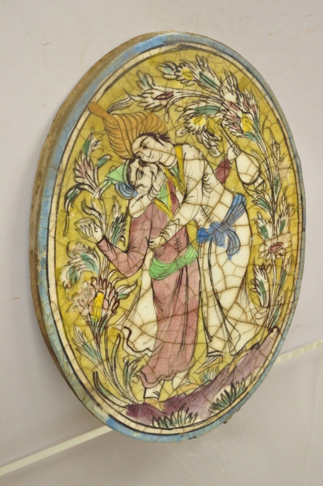 Antique Persian Iznik Qajar Style Ceramic Pottery Oval Tile Hugging Couple C3