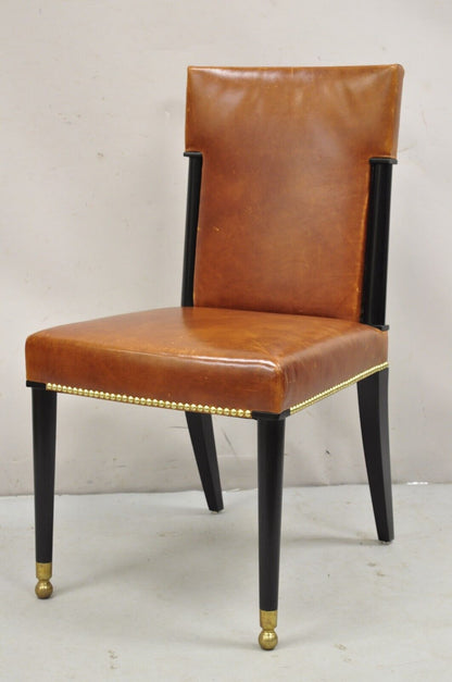 French Art Deco Style Brown Leather Ebonized Frame Dining Chairs - Set of 8