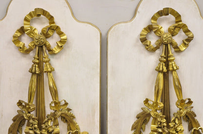 French Louis XV Gold Gilt Bronze Ribbon Drape Large Wall Plaque Sconces - a Pair