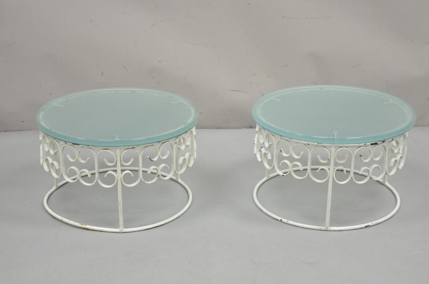 Arthur Umanoff Wrought Iron Scroll Low Round Glass Top Side Tables - a Pair