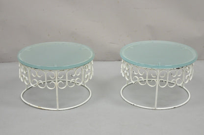 Arthur Umanoff Wrought Iron Scroll Low Round Glass Top Side Tables - a Pair