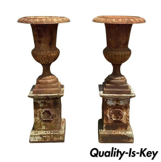 Large 62" Tall Cast Iron Campana Urn Outdoor Garden Planters on Base - a Pair