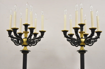 French Empire 68" Tall Bronze & Marble Lighted Candelabra Torchere Floor Lamps