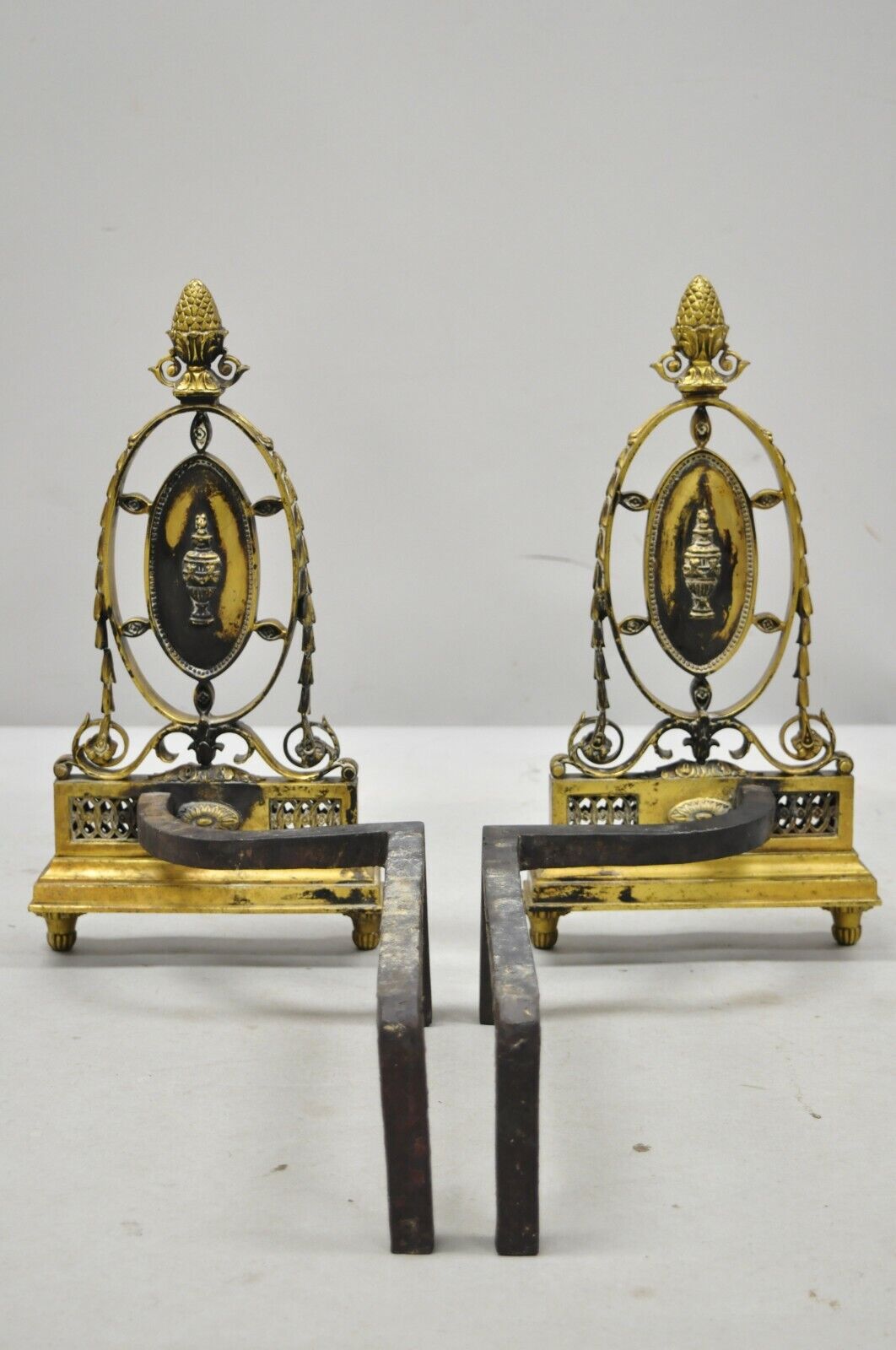 Pair of French Empire Sheraton Style Brass Bronze Urn Acorn Fireplace Andirons