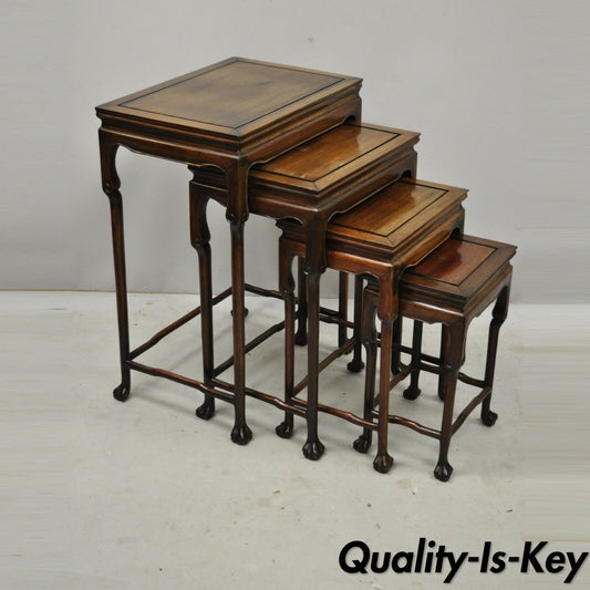 4 Vintage Chinese Carved Hardwood Rosewood Nesting Side Tables with Paw Feet