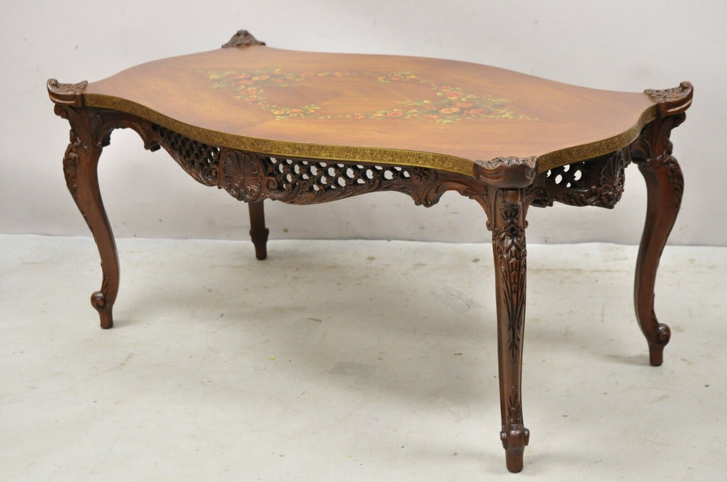 Vintage French Louis XV Style Walnut Coffee Table with Hand Painted Floral Top