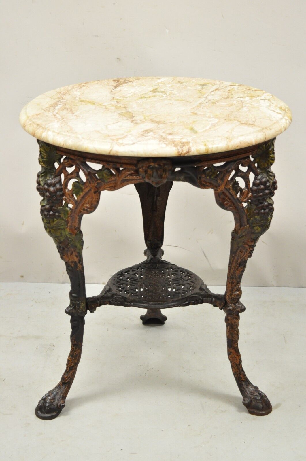 Antique English Victorian Cast Iron Round Marble Top Pub Table